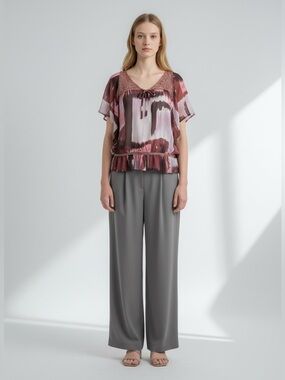 Blue Velvet Crochet-Trim Abstract Blouson Top